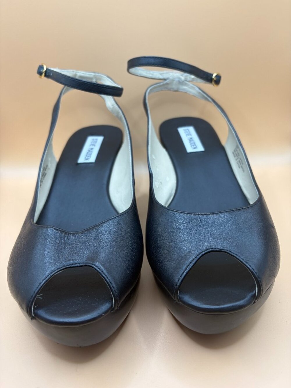 Steve Madden "Maira" Black Peep-Toe Wedge with Ankle Strap, Size 10M